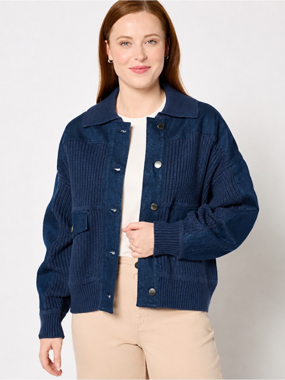 Peace Love World Denim Knit Mixed Media Oversized Jacket Shacket Blue XL Pockets
